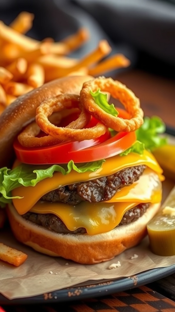 A delicious 1/2 lb hamburger with cheese, lettuce, tomato, and onion on a bun, served with fries.